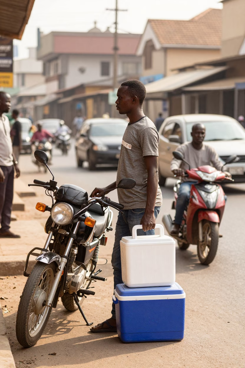Late Morning Street Scene in Accra Ghana with Vendor and Cooler Jug in in Accra, Ghana