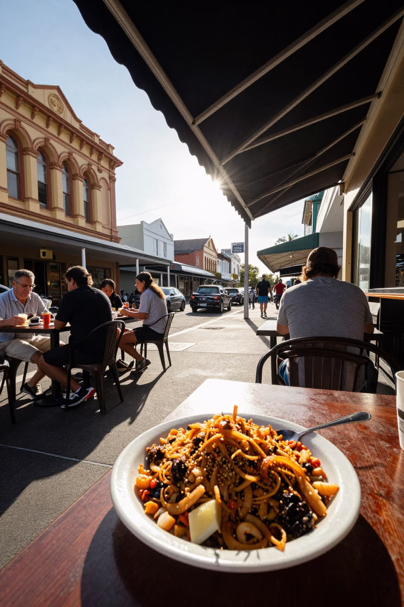 Late Morning Street Scene in Adelaide South Australia with Local Dining and Urban Details in in Adelaide, South Australia, Australia