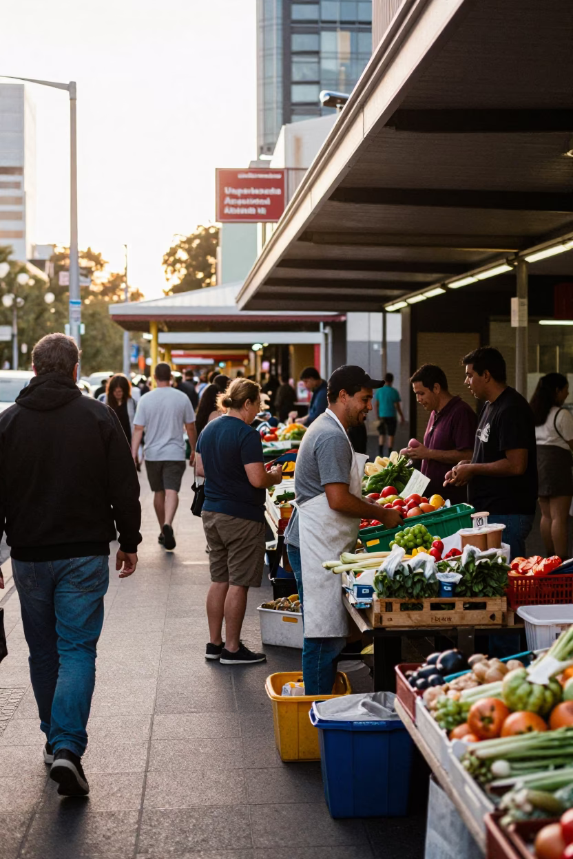Late Morning Street Scene in Adelaide South Australia with Local Market Vendors and Shoppers in in Adelaide, South Australia, Australia