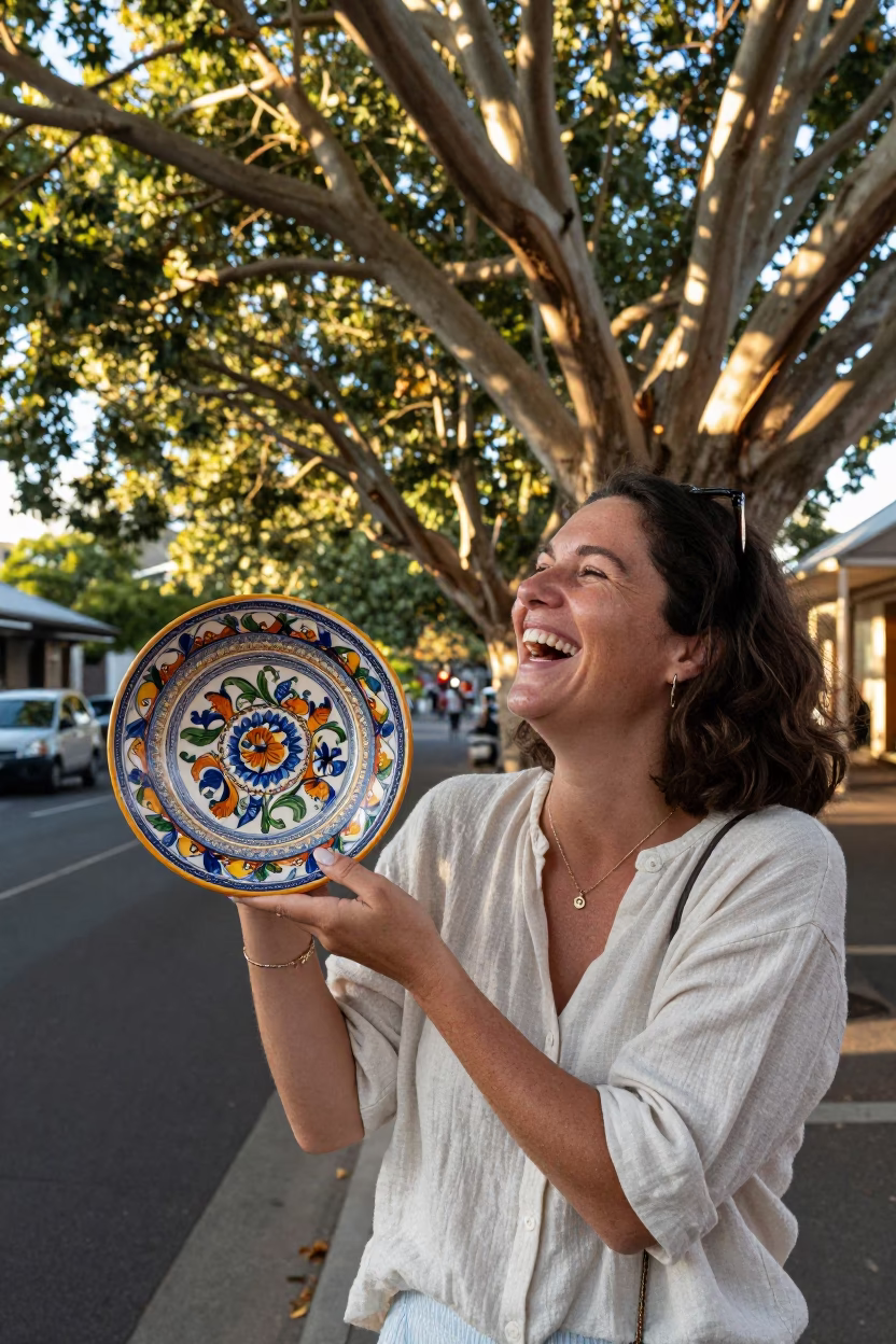 Late Morning Street Scene in Adelaide South Australia with Vintage Italian Majolica Plate in in Adelaide, South Australia, Australia