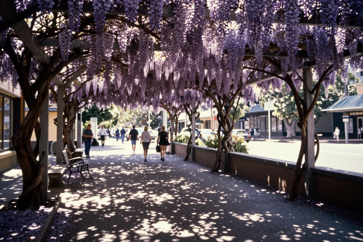 Late Morning Street Scene in Adelaide South Australia with Wisteria Pergola in in Adelaide, South Australia, Australia