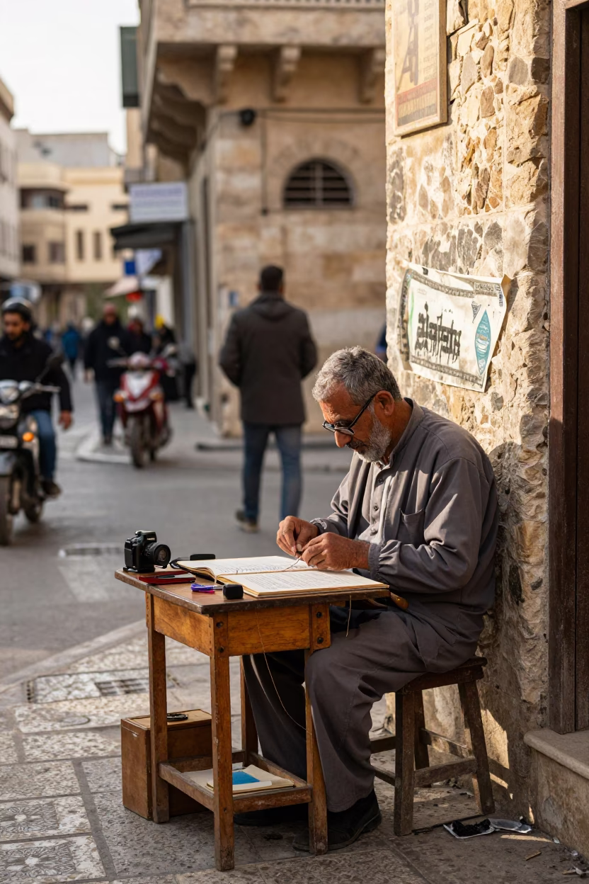 Late Morning Street Scene in Alexandria Egypt with Bookbinder and Vintage Majolica Plate in in Alexandria, Egypt