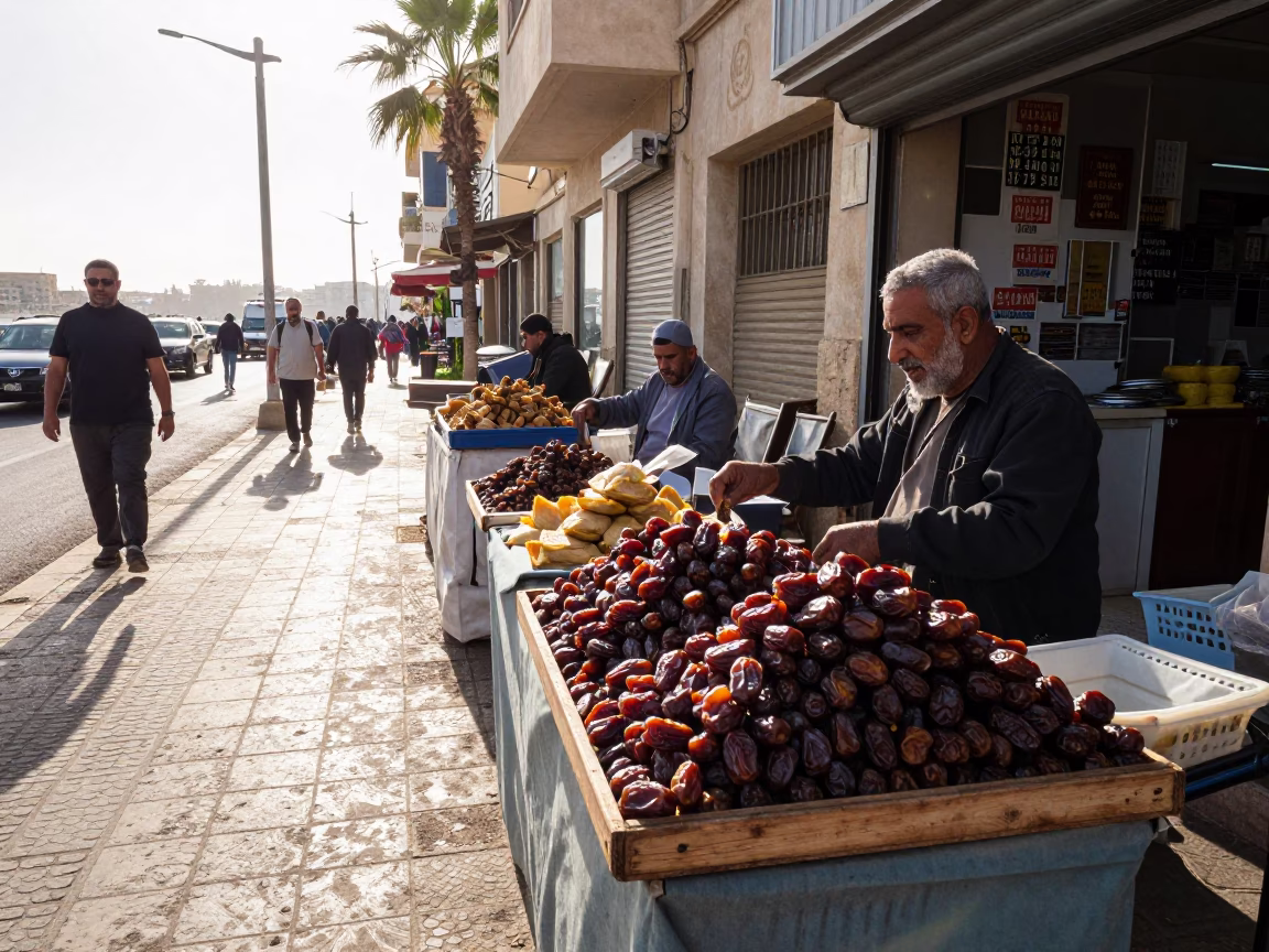 Late Morning Street Scene in Alexandria Egypt with Dates and Solar Panels in in Alexandria, Egypt