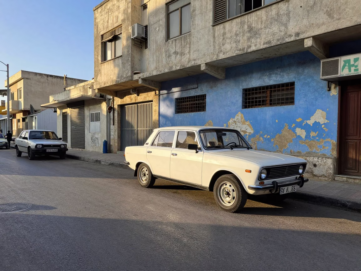 Late Morning Street Scene in Alexandria Egypt with Vintage Sedan and Local Pedestrians in in Alexandria, Egypt