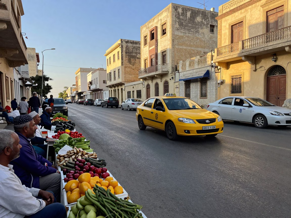 Late Morning Street Scene in Alexandria Egypt with Yellow Taxi and Local Market Activity in in Alexandria, Egypt