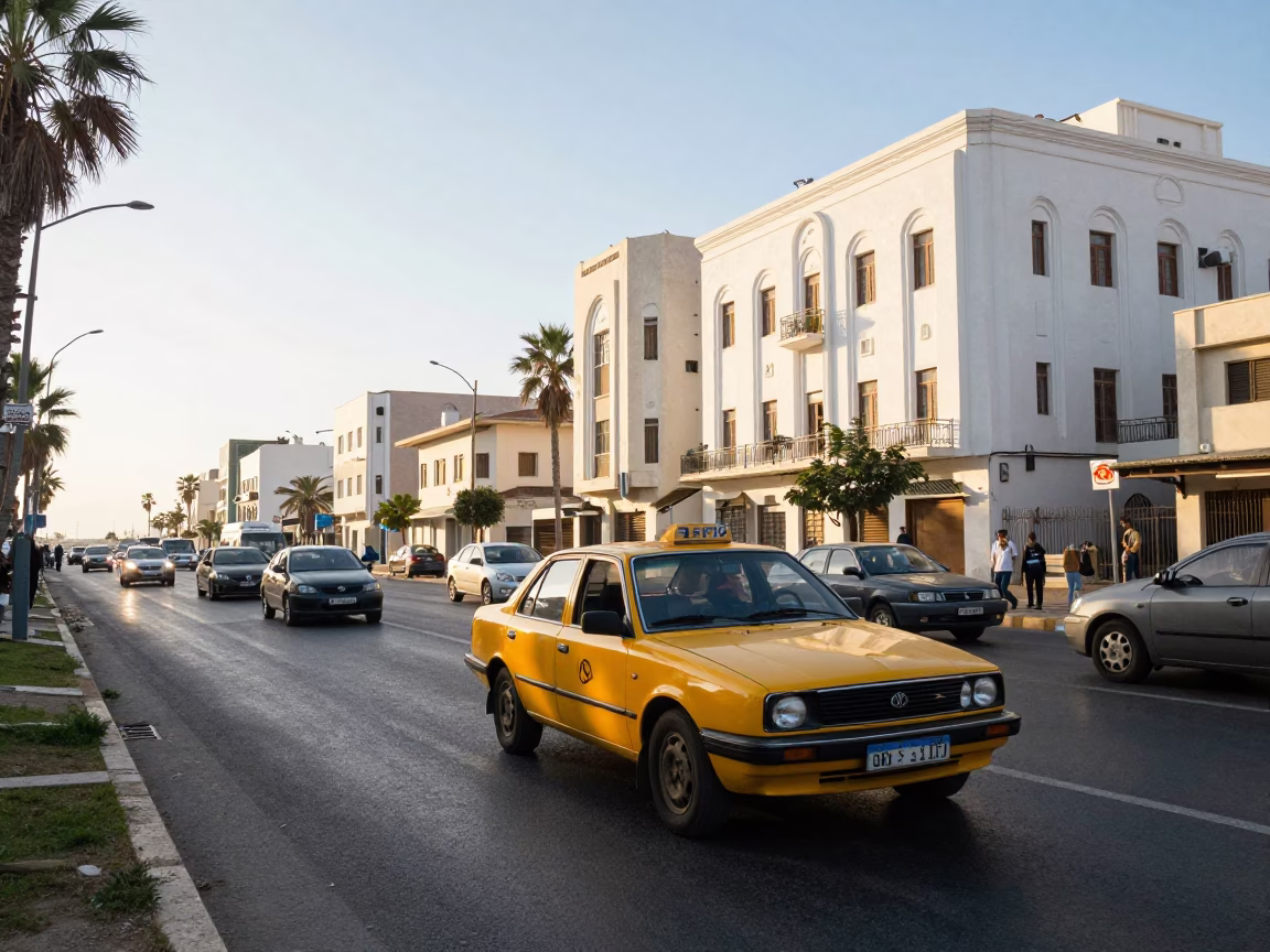 Late Morning Street Scene in Alexandria Egypt with Yellow Taxi and Traffic in in Alexandria, Egypt