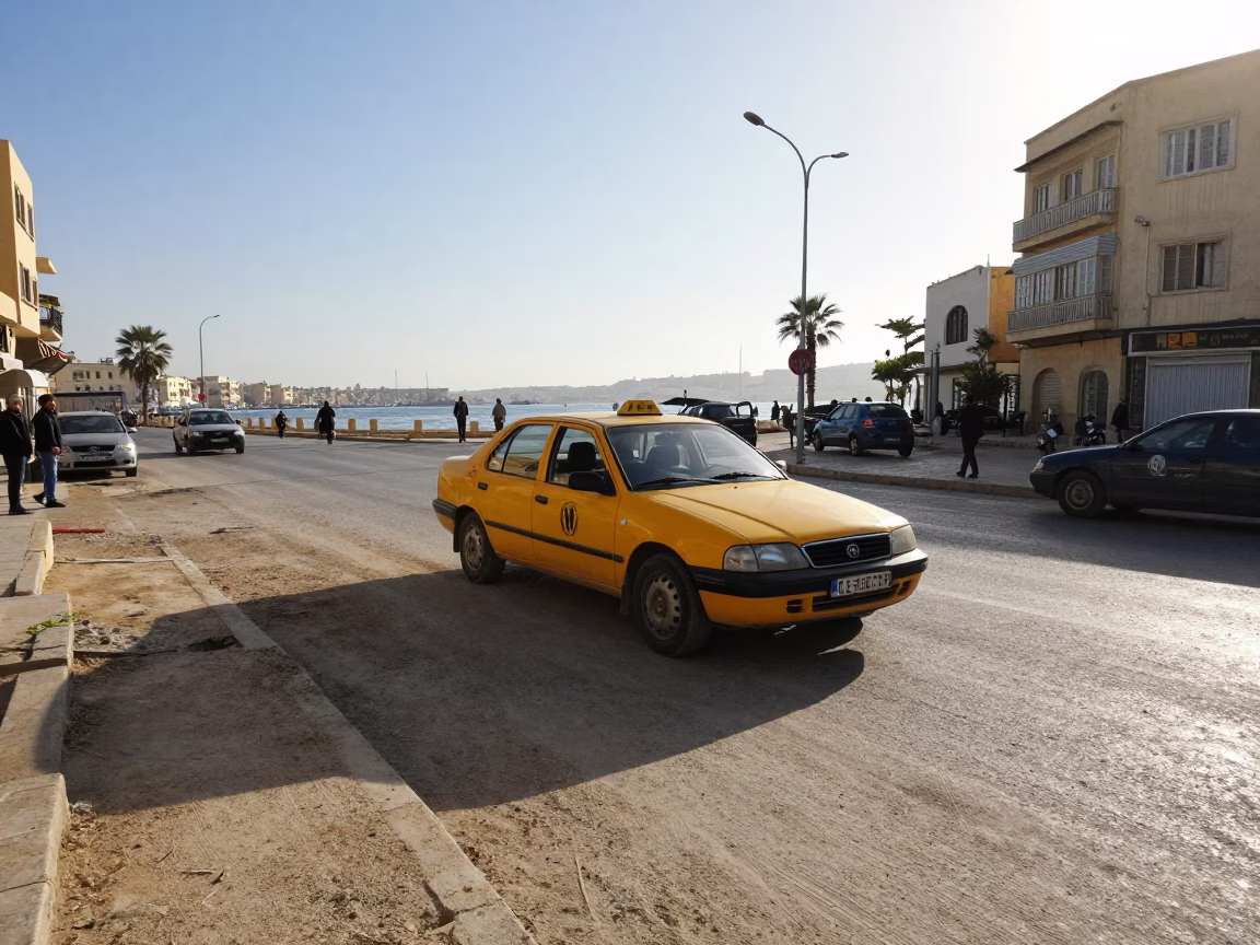 Late Morning Street Scene in Alexandria Egypt with Yellow Taxi and Urban Life in in Alexandria, Egypt