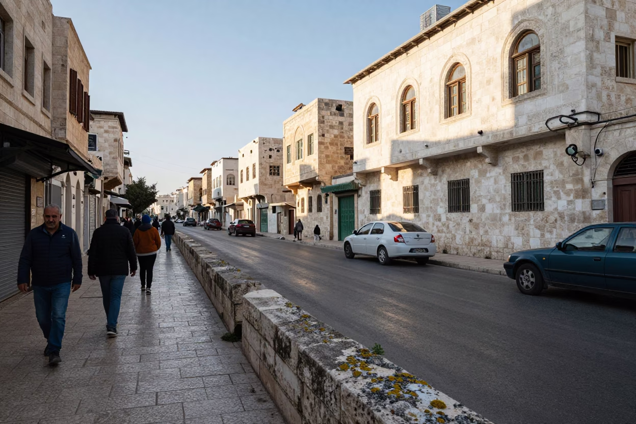 Late Morning Street Scene in Amman Jordan with Lichen Parapets and Local Traffic in in Amman, Jordan