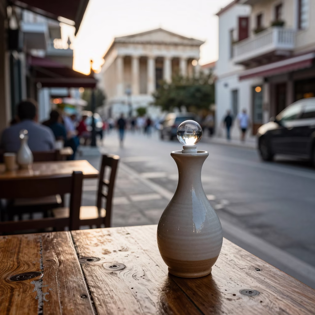 Late Morning Street Scene in Athens Greece with Carafe Stopper and Linen in in Athens, Greece