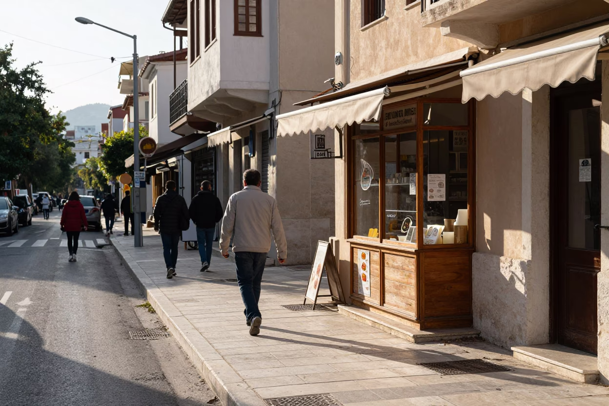 Late Morning Street Scene in Athens Greece with Pedestrians and Architecture in in Athens, Greece