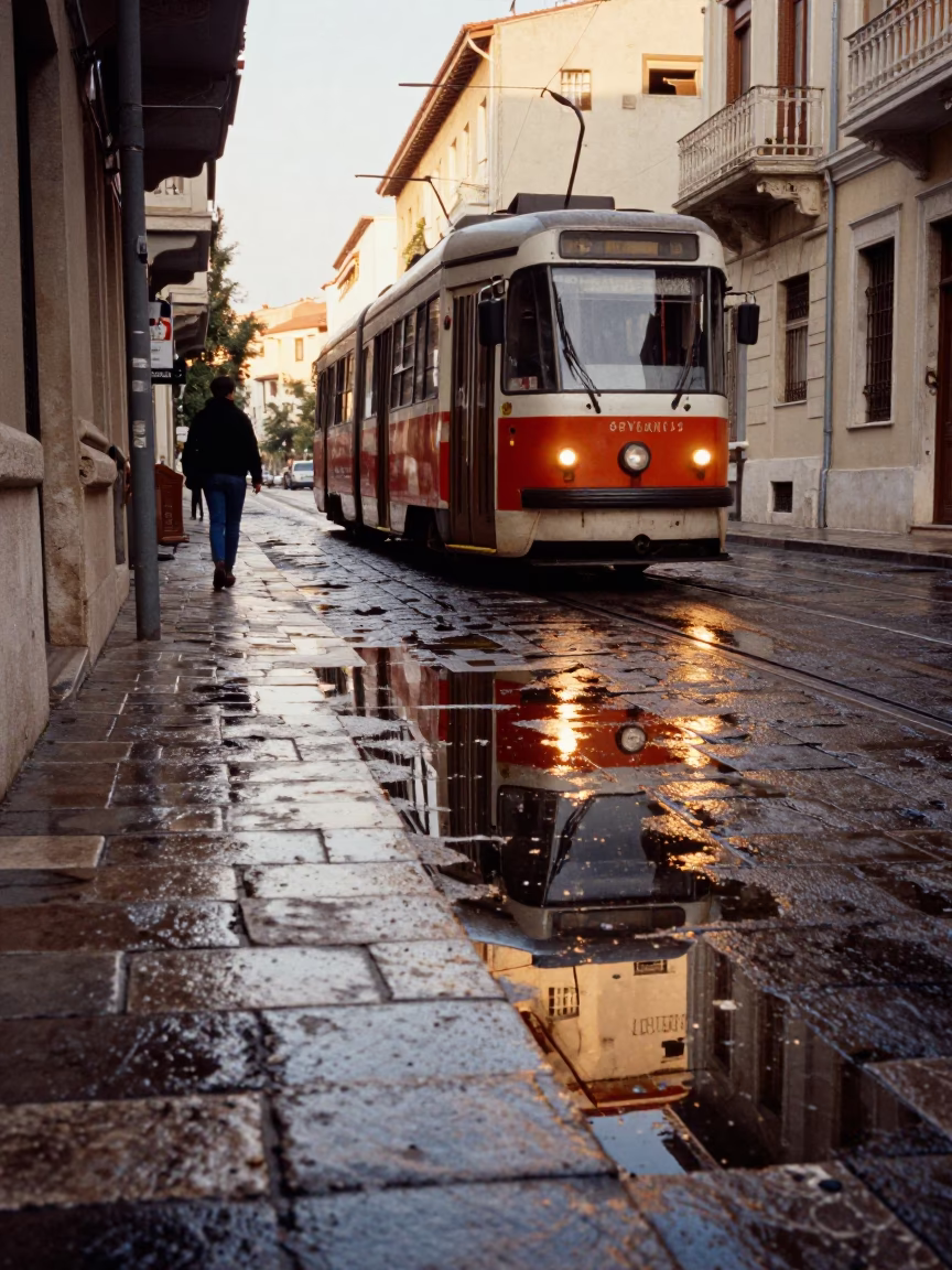 Late Morning Street Scene in Athens Greece with Tram Reflections and Cobblestones in in Athens, Greece