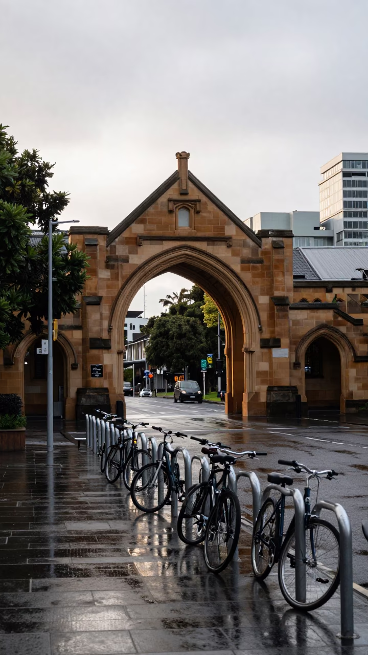 Late Morning Street Scene in Auckland Featuring University Archway and Wet Bicycle Rack in in Auckland, New Zealand