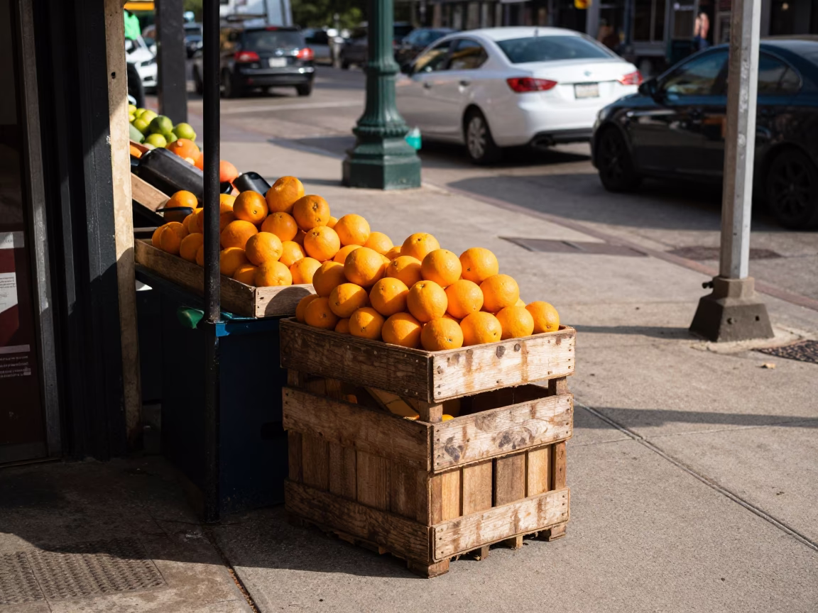 Late Morning Street Scene in Austin Texas with Fruit Stand and Wisteria in in Austin, Texas, United States