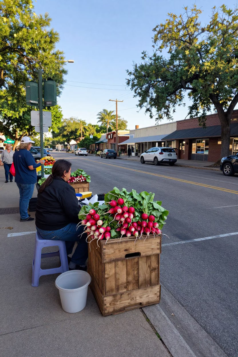 Late Morning Street Scene in Austin Texas with Local Market Radishes and Measuring Cup in in Austin, Texas, United States