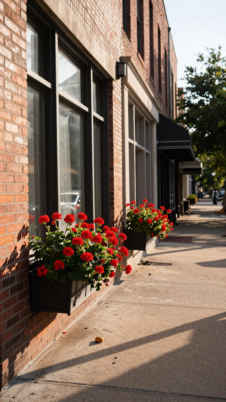 Late Morning Street Scene in Austin Texas with Red Geraniums and Brushed Steel Details in in Austin, Texas, United States