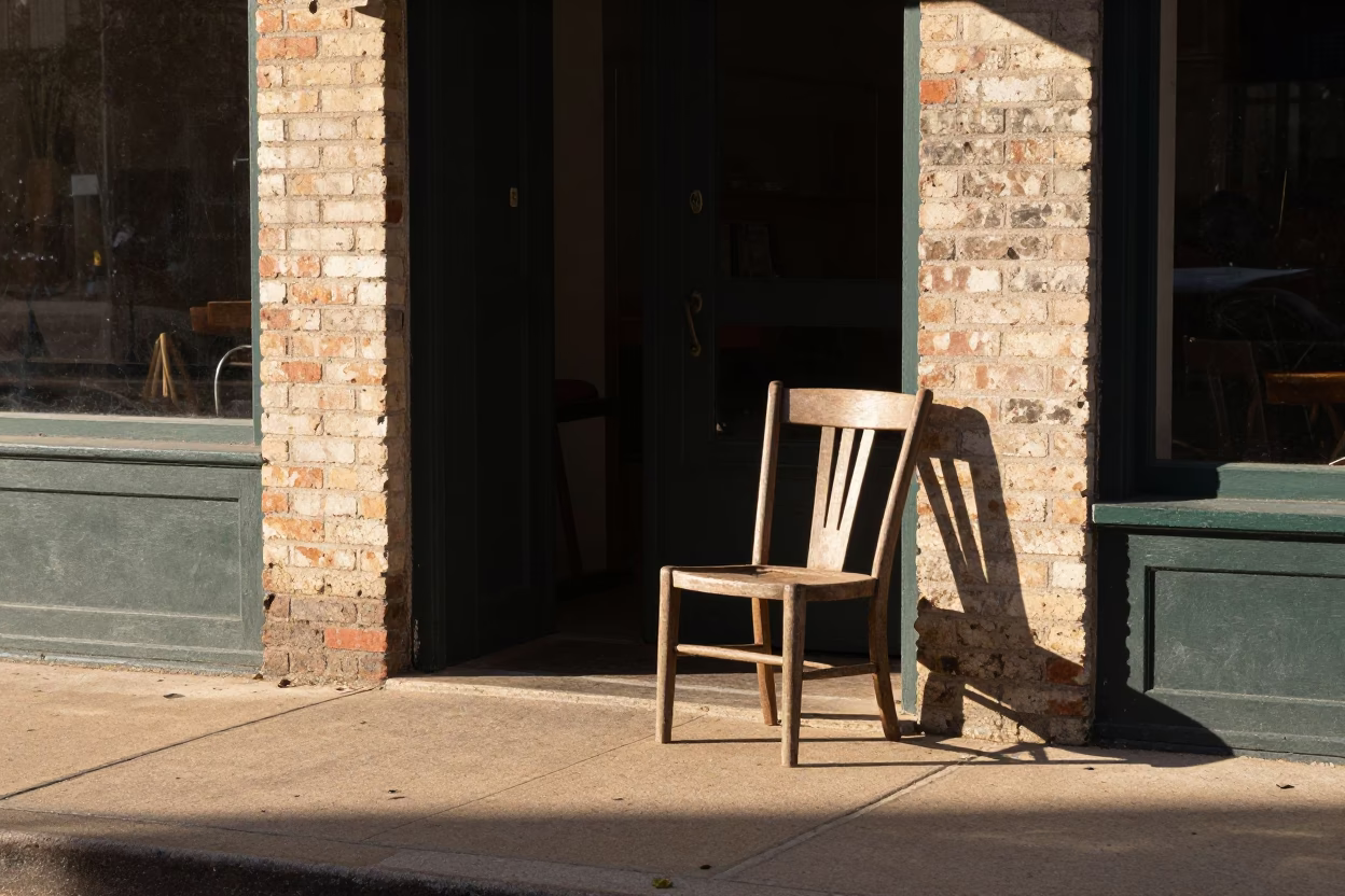 Late morning street scene in Austin Texas with vintage chair and local activity in in Austin, Texas, United States