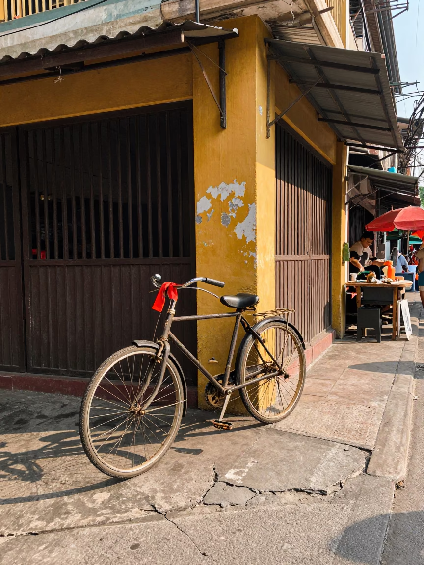 Late Morning Street Scene in Bangkok Thailand with Bicycle and Market Stall in in Bangkok, Thailand