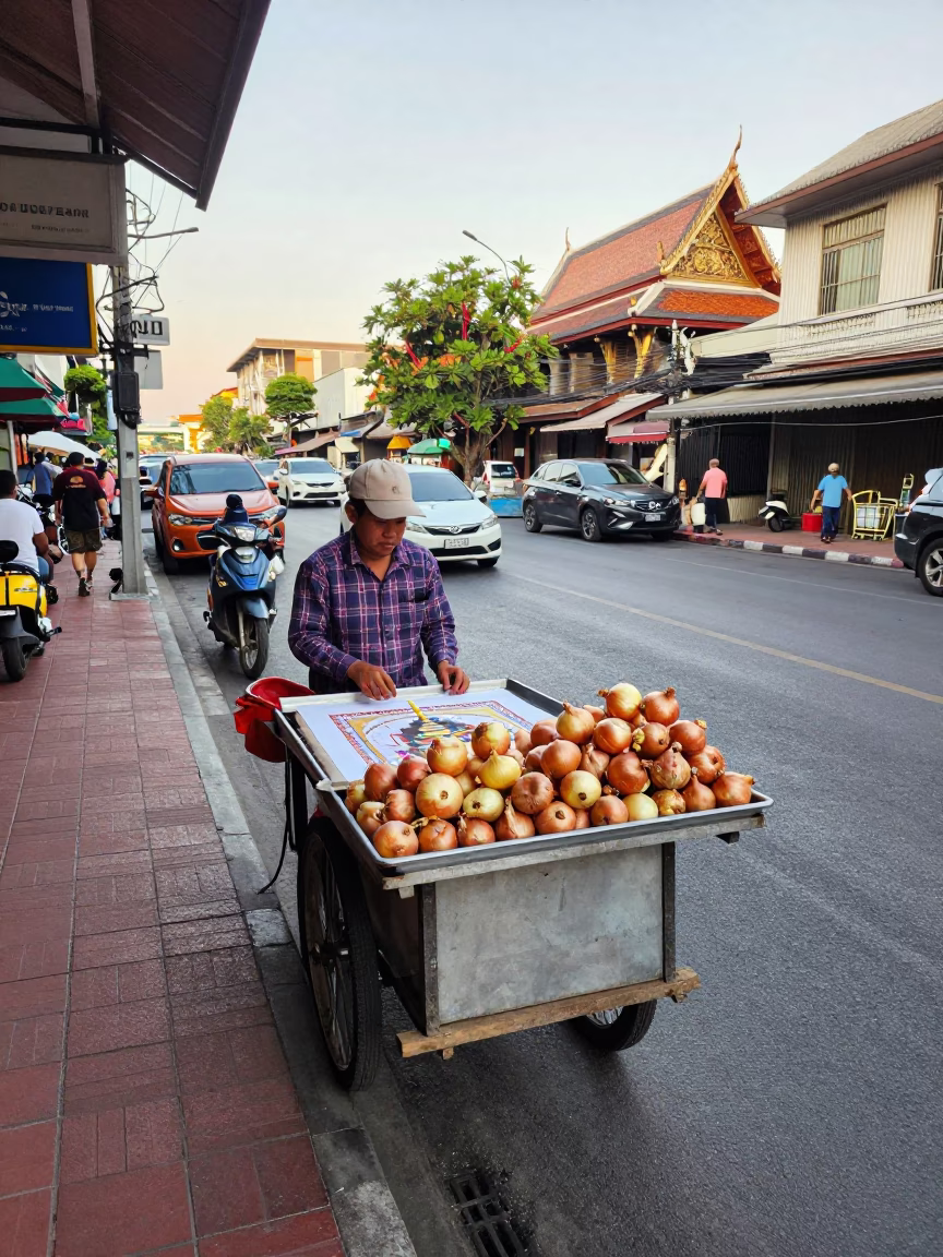 Late Morning Street Scene in Bangkok Thailand with Buddhist Sand Painting and Onions in in Bangkok, Thailand
