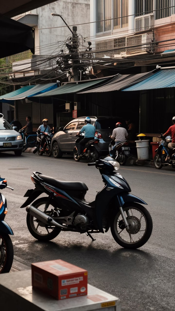 Late Morning Street Scene in Bangkok Thailand with Motorcycle and Local Market Activity in in Bangkok, Thailand