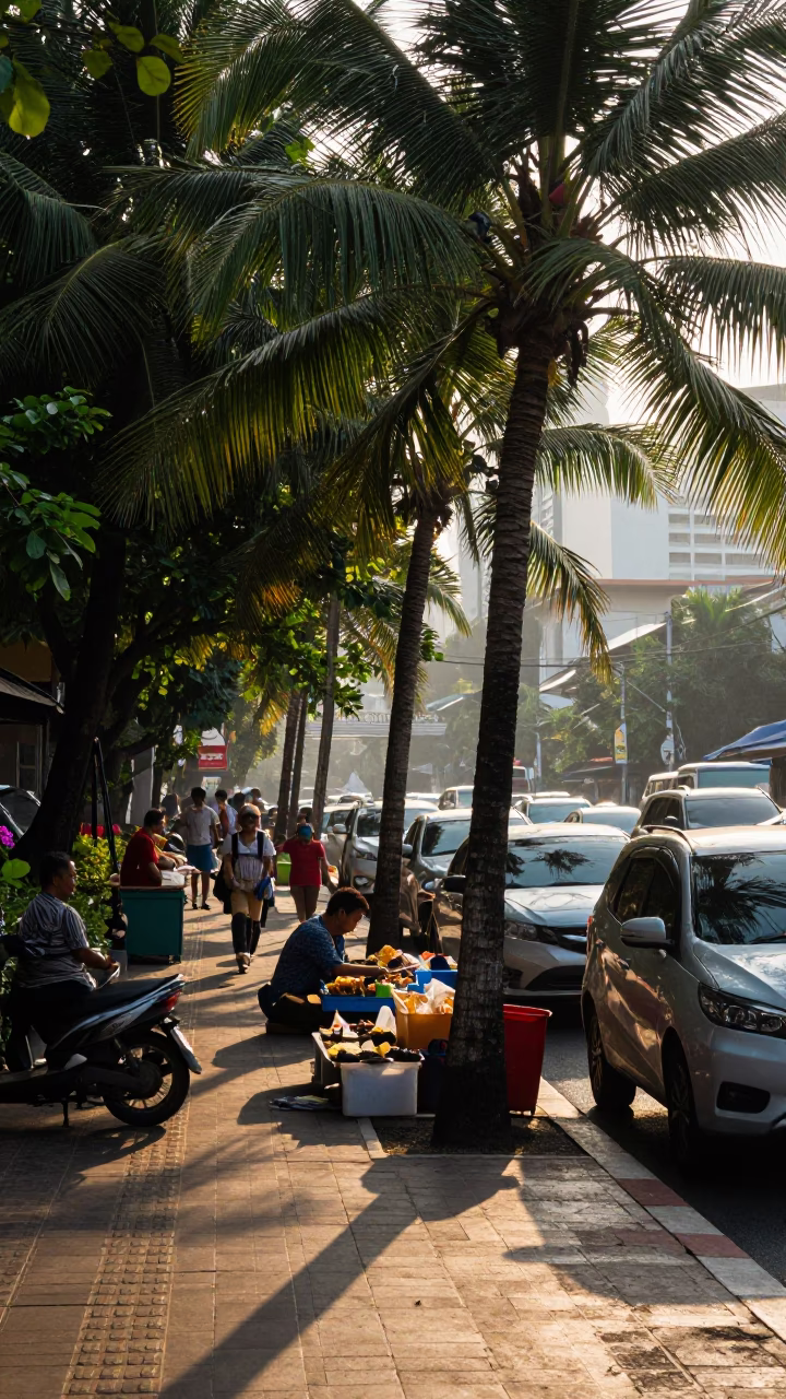 Late Morning Street Scene in Bangkok Thailand with Palm Trees and Local Market Activity in in Bangkok, Thailand