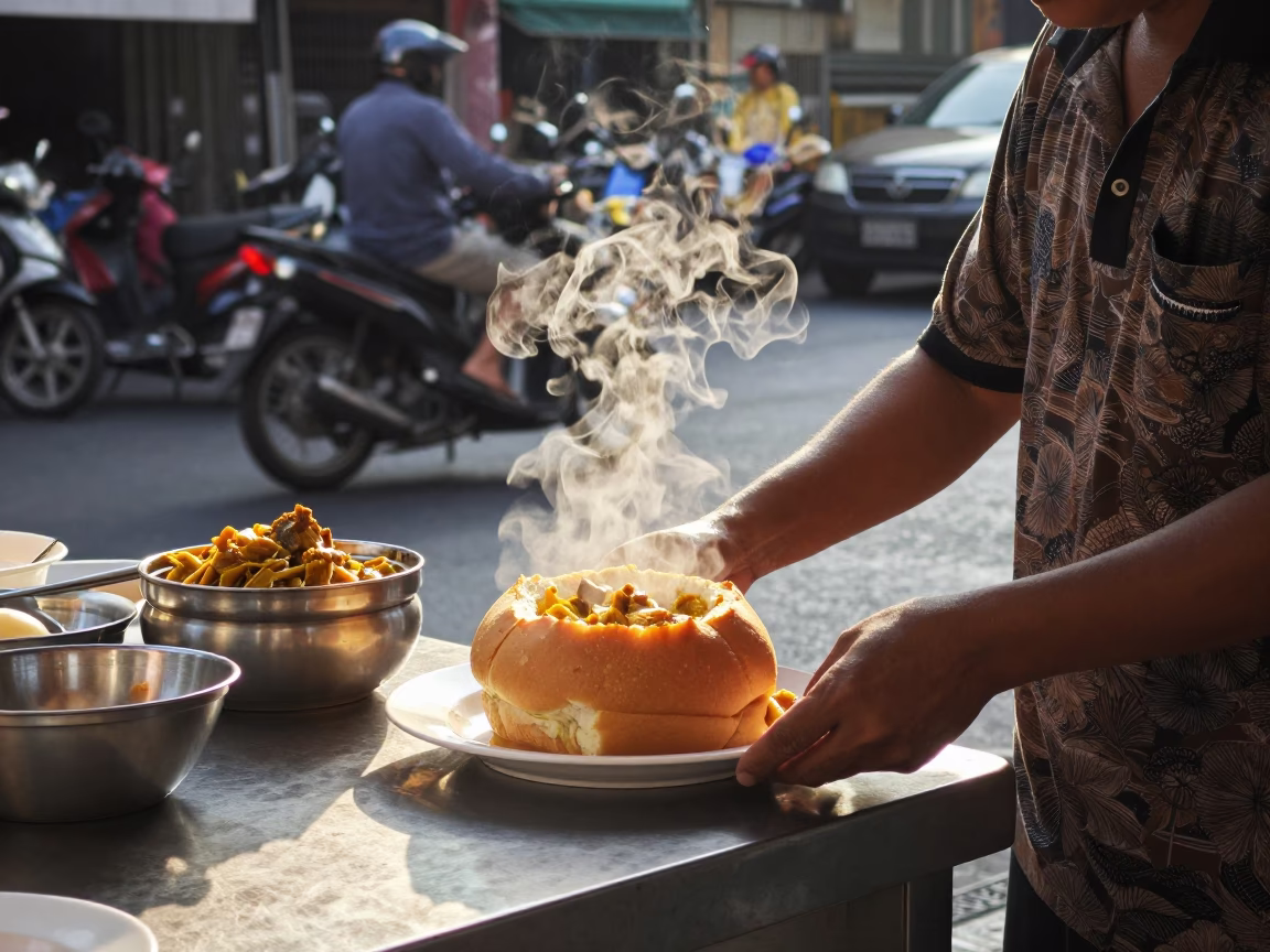 Late Morning Street Scene in Bangkok Thailand with Plate of Curry Bunny Chow in in Bangkok, Thailand