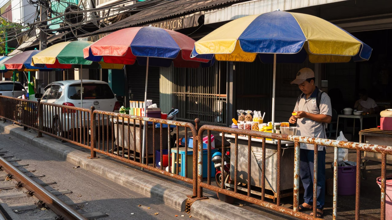 Late Morning Street Scene in Bangkok Thailand with Rusty Rail and Umbrellas in in Bangkok, Thailand