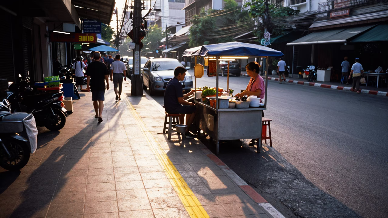 Late Morning Street Scene in Bangkok Thailand with Sunlight and Local Food in in Bangkok, Thailand