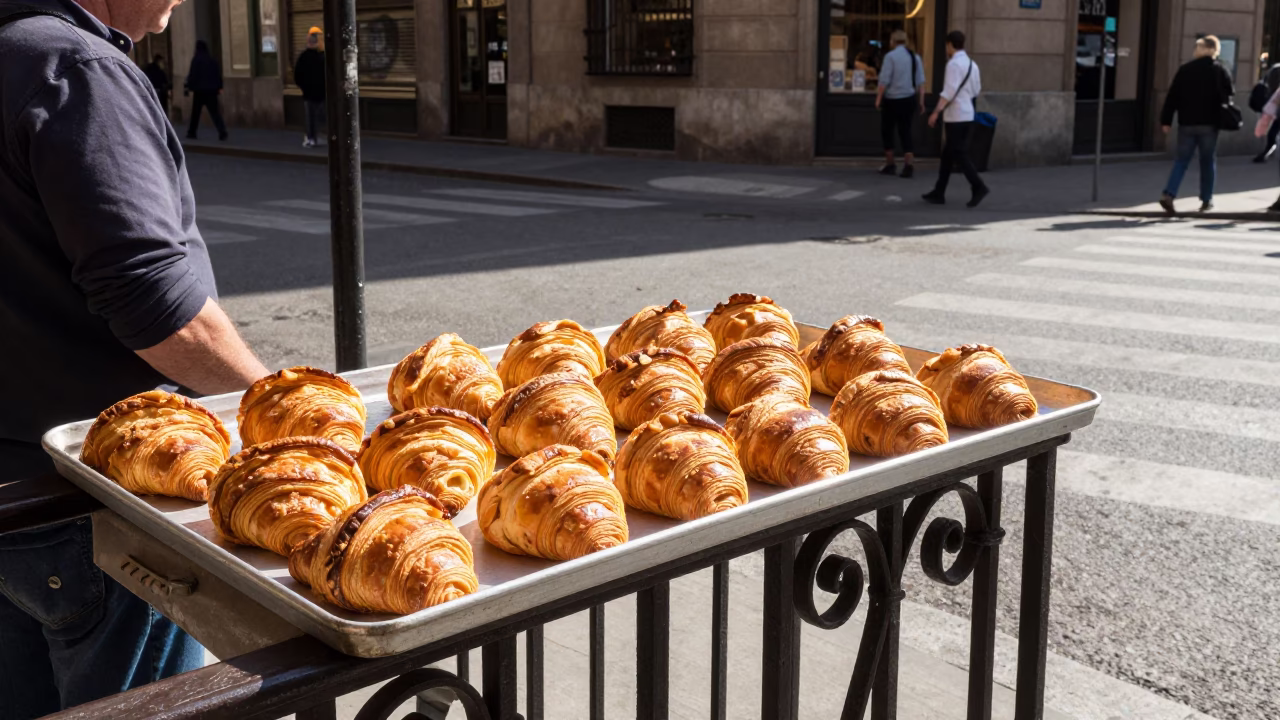 Late Morning Street Scene in Barcelona Spain with Baking Sheet and Flour Sifter in in Barcelona, Spain