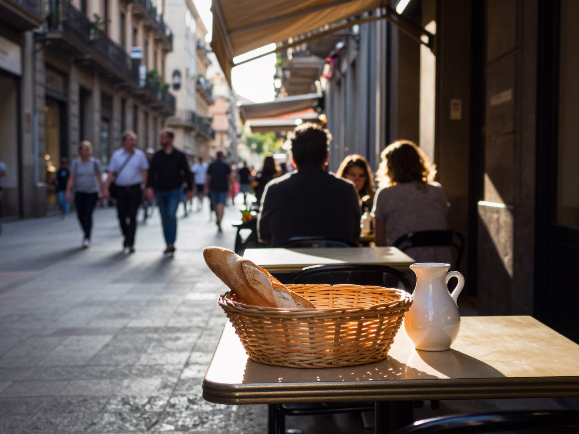 Late Morning Street Scene in Barcelona Spain with Bread Basket and Fallen Petals in in Barcelona, Spain