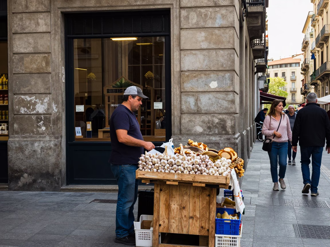Late Morning Street Scene in Barcelona Spain with Local Market Goods in in Barcelona, Spain