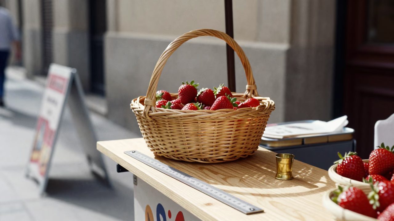 Late Morning Street Scene in Barcelona Spain with Strawberries and Folding Ruler in in Barcelona, Spain