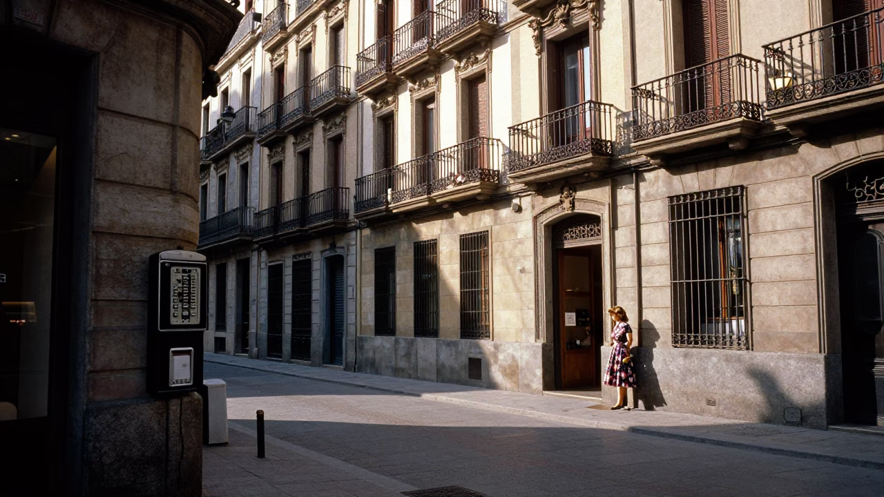 Late Morning Street Scene in Barcelona Spain with Vintage Bakelite Telephone in in Barcelona, Spain