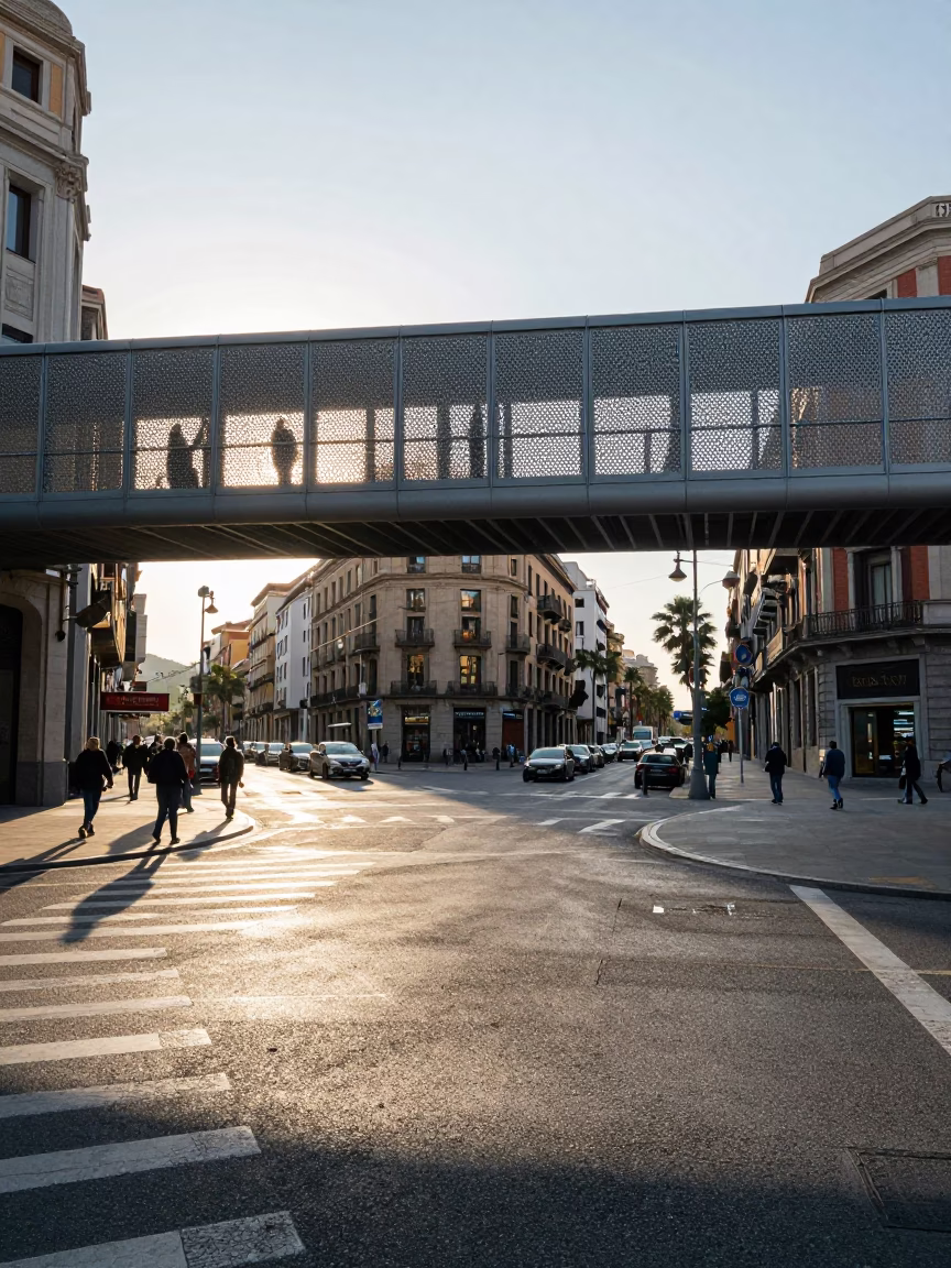 Late Morning Street Scene in Barcelona with Pedestrian Overpass and City Cable Car View in in Barcelona, Spain