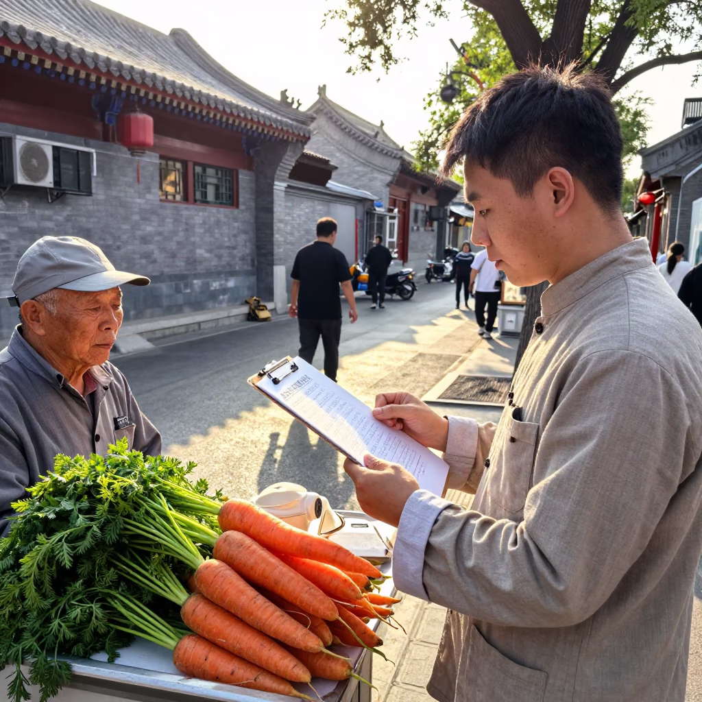 Late Morning Street Scene in Beijing China with Clipboard and Carrots in in Beijing, China