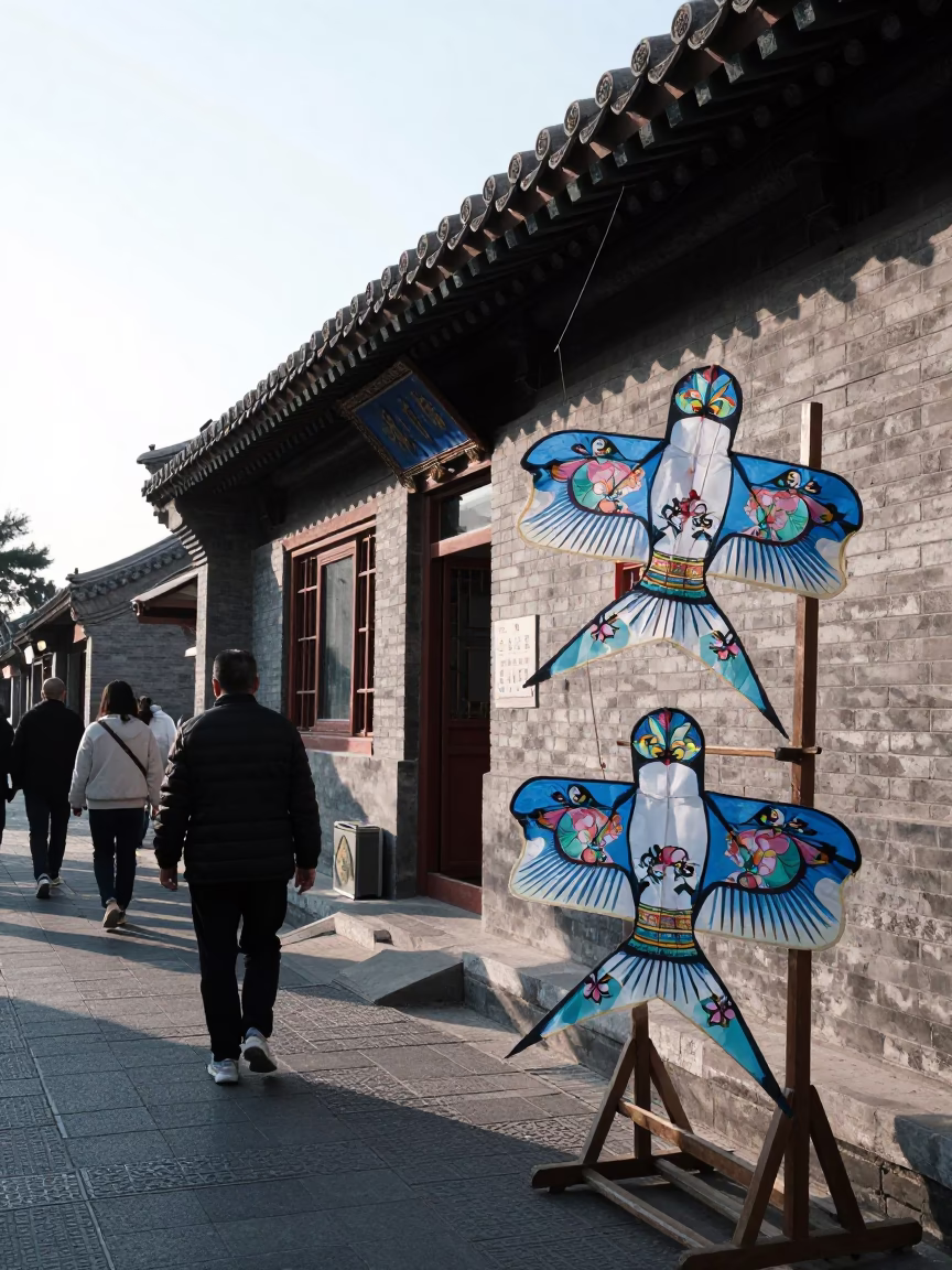 Late Morning Street Scene in Beijing China with Kites and Traditional Architecture in in Beijing, China
