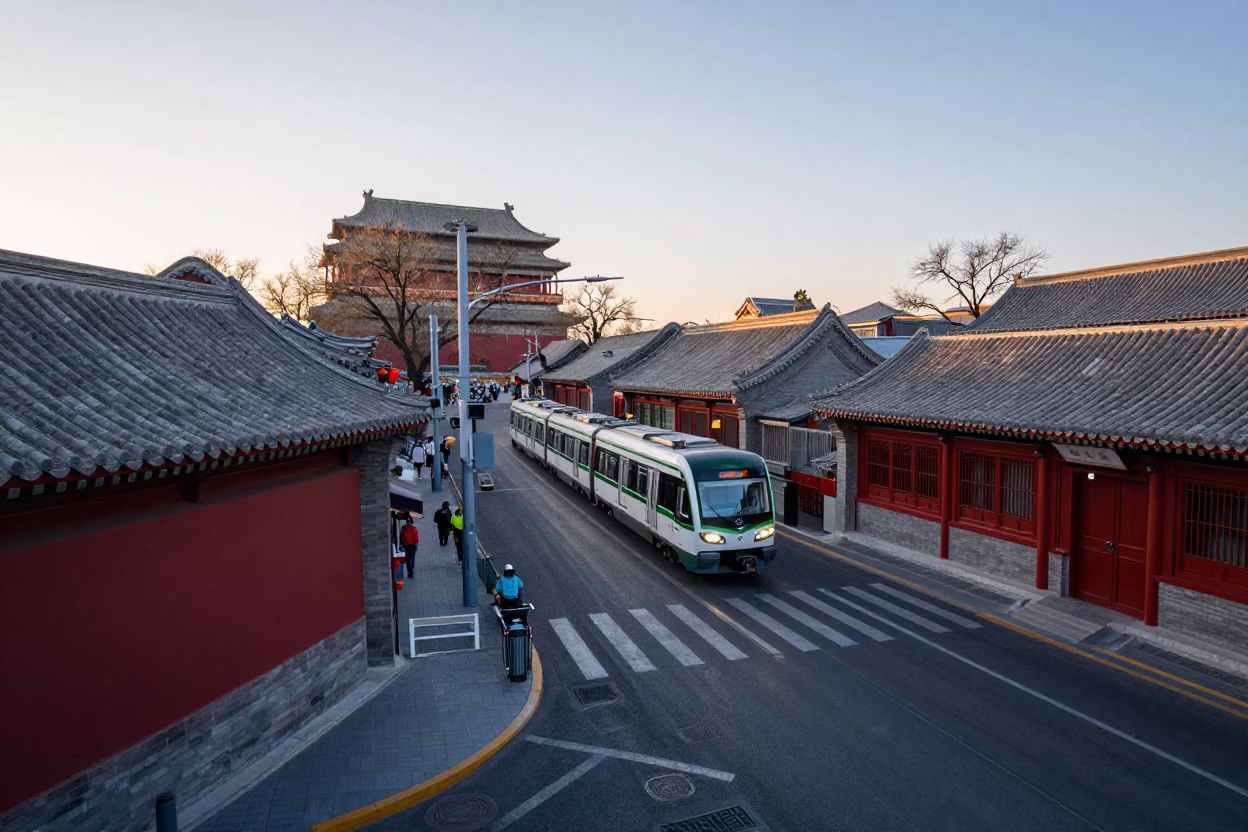 Late Morning Street Scene in Beijing China with Metro Train Emerging from Tunnel in in Beijing, China