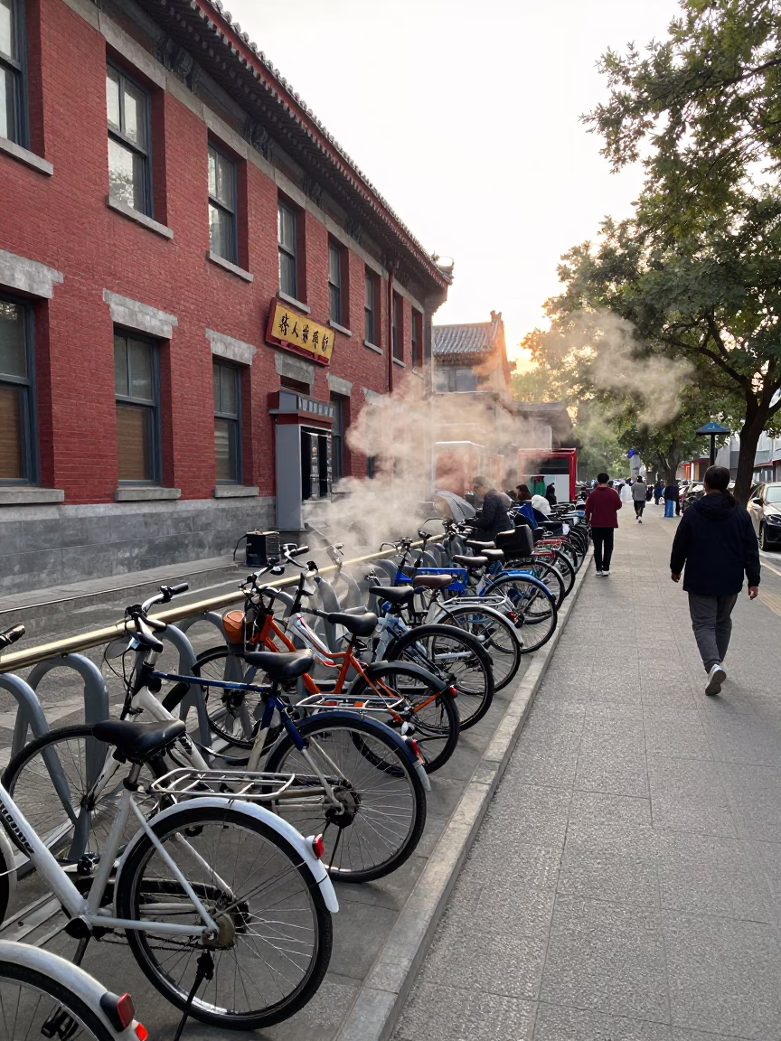 Late Morning Street Scene in Beijing China with Steaming District Heating Pipe in in Beijing, China