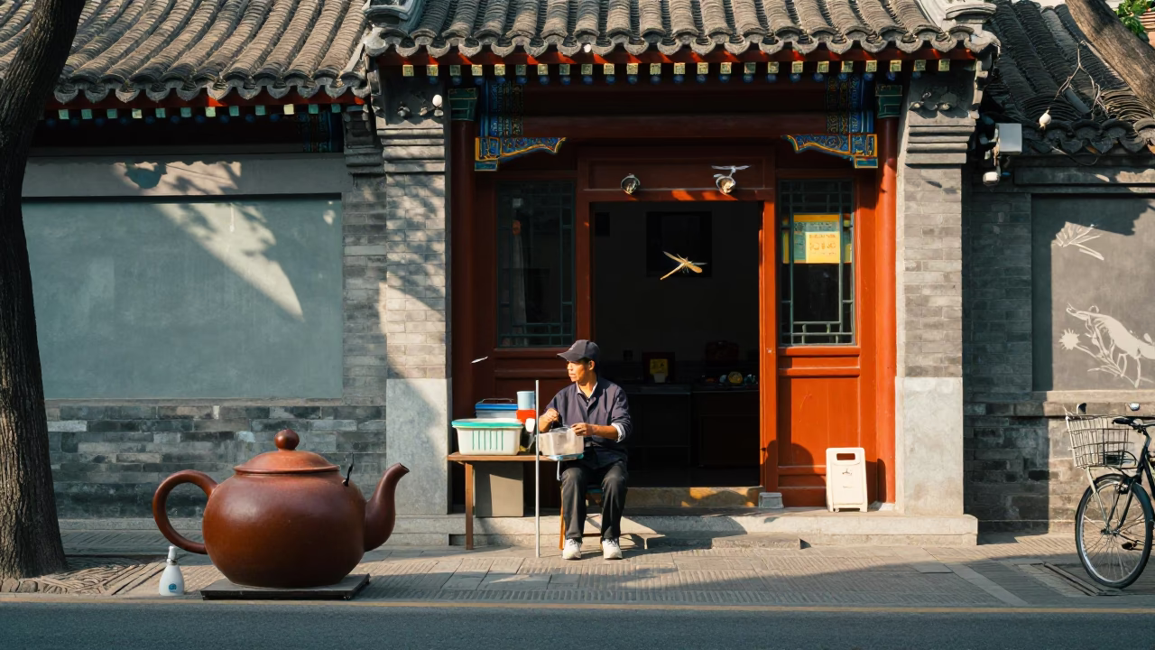 Late Morning Street Scene in Beijing China with Teapot and Dragonfly in in Beijing, China