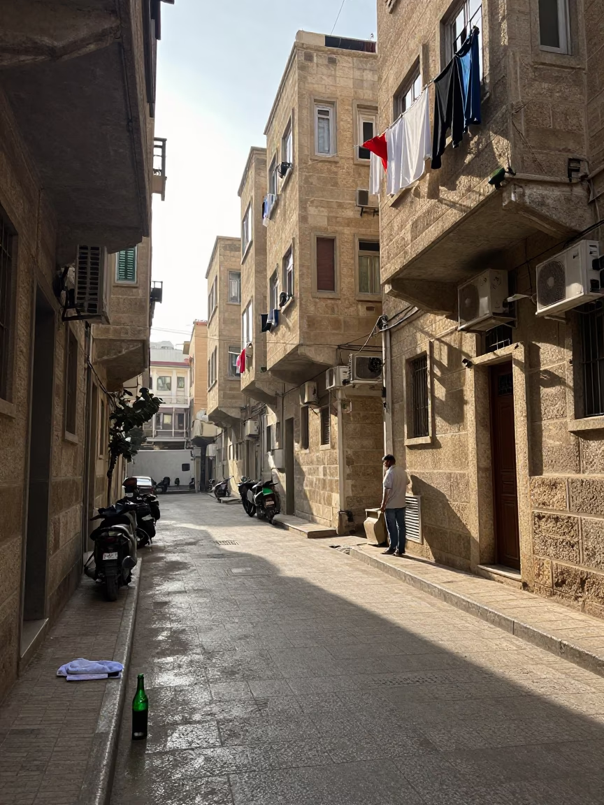 Late Morning Street Scene in Beirut Lebanon with Bottle and Towel Hook Details in in Beirut, Lebanon