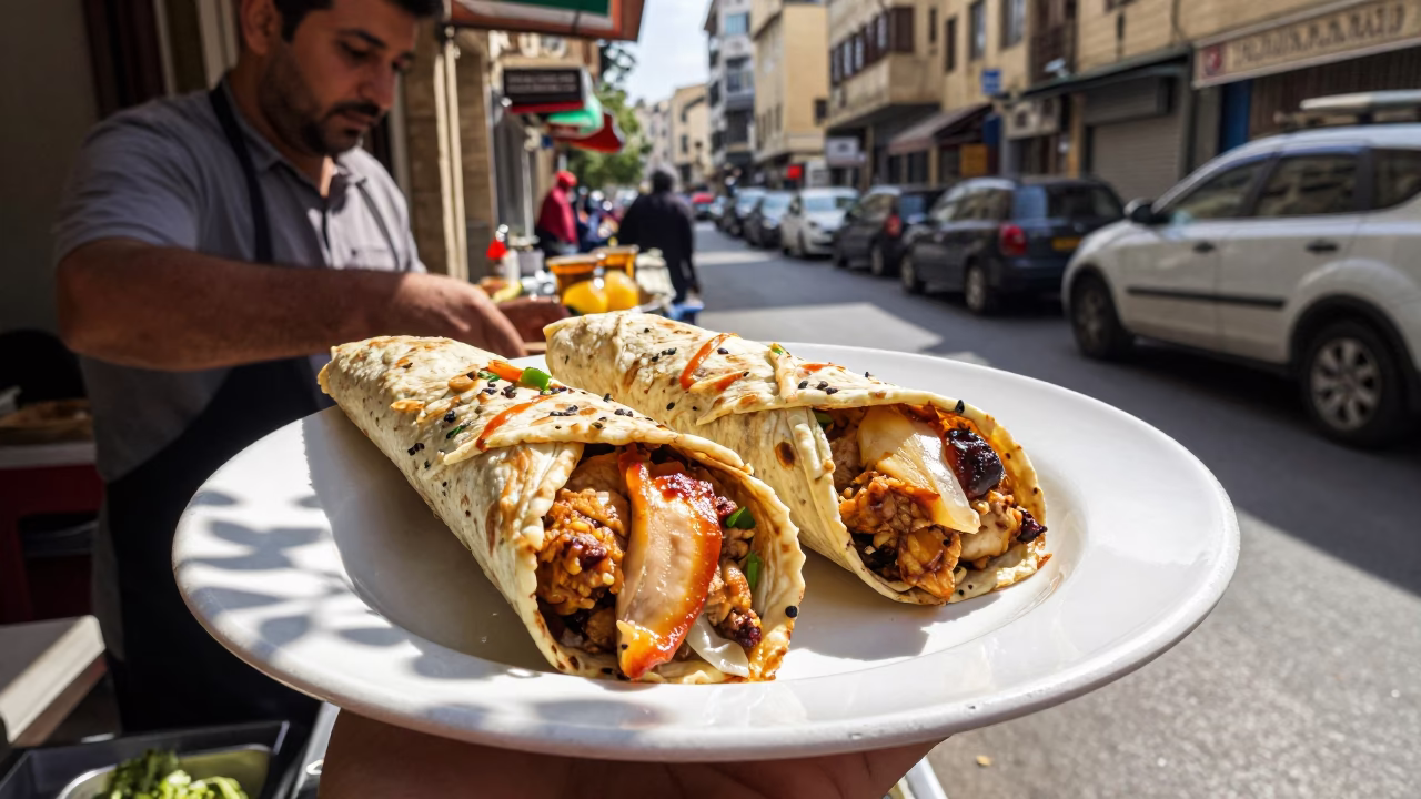 Late Morning Street Scene in Beirut Lebanon with Chicken Shawarma and Sun Hat in in Beirut, Lebanon