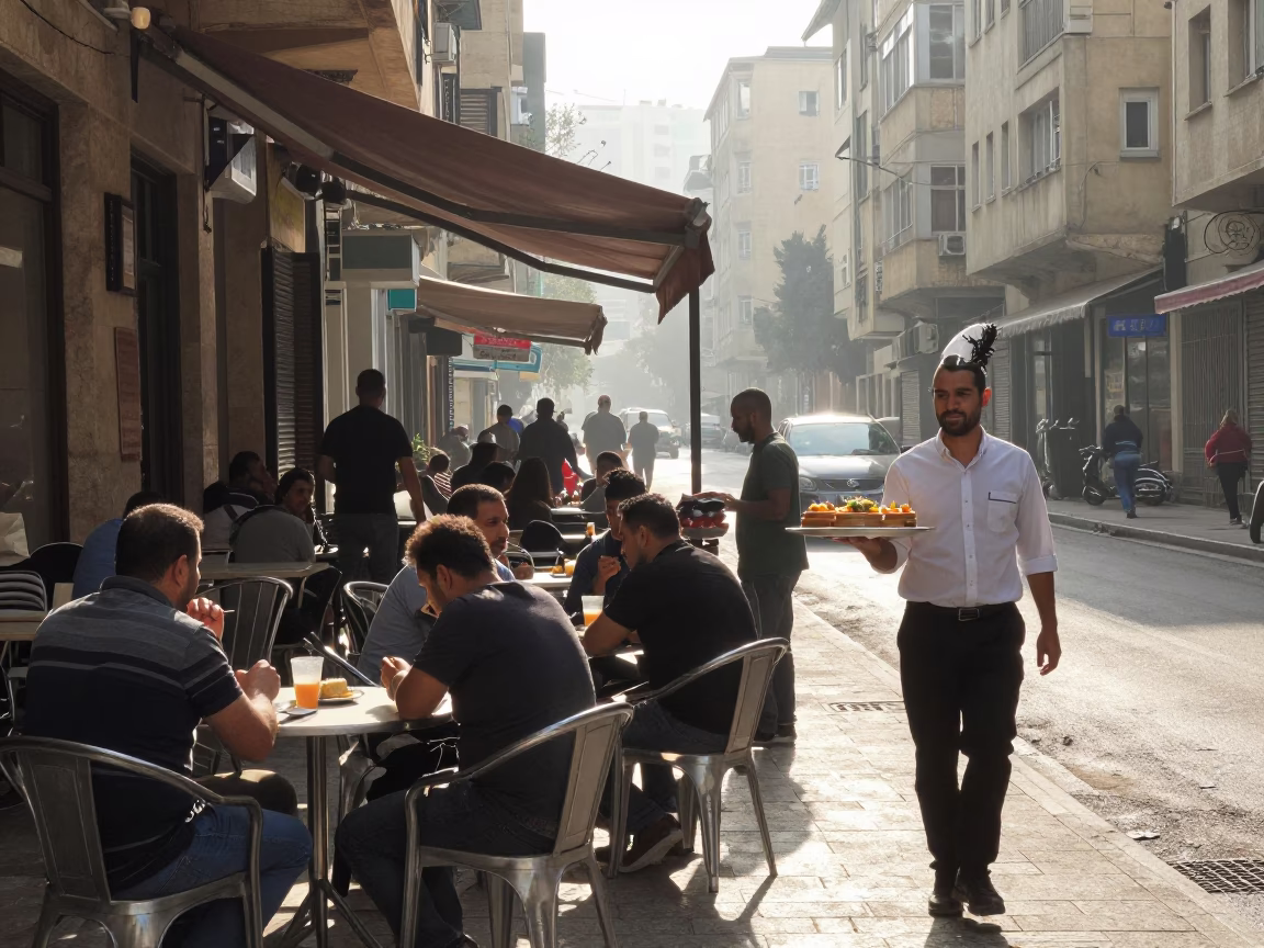 Late Morning Street Scene in Beirut Lebanon with Local Cafe and Urban Architecture in in Beirut, Lebanon