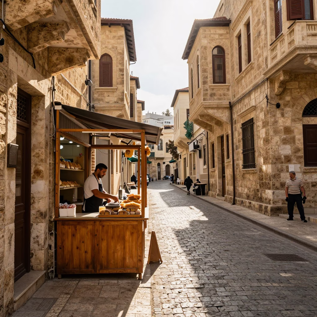 Late Morning Street Scene in Beirut Lebanon with Traditional Bakery Display in in Beirut, Lebanon