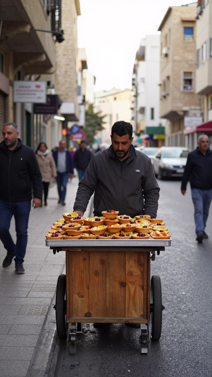 Late Morning Street Scene in Beirut Lebanon with Traditional Fruit Tarts in in Beirut, Lebanon