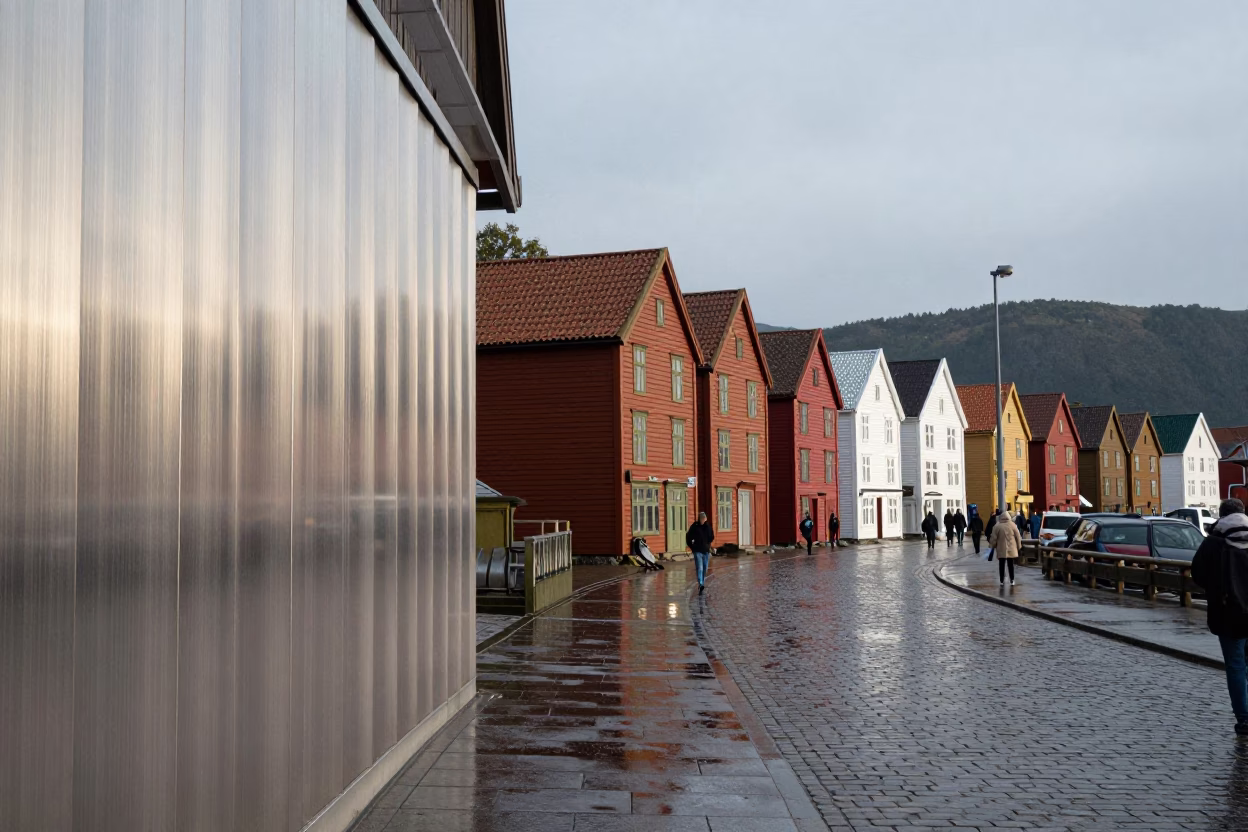 Late Morning Street Scene in Bergen Norway with Brushed Steel Wall and Toadstool Moss in in Bergen, Norway