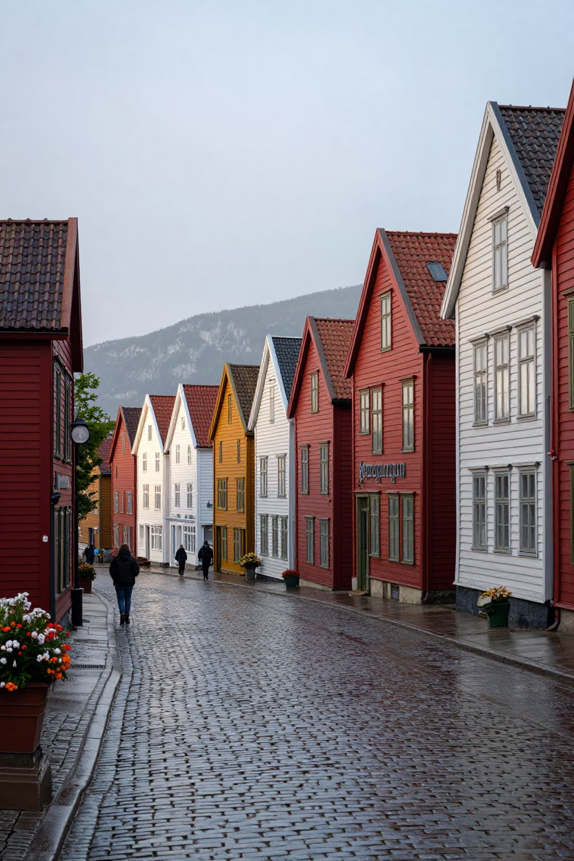 Late Morning Street Scene in Bergen Norway with Colorful Hanakoen Houses and Local Life in in Bergen, Norway