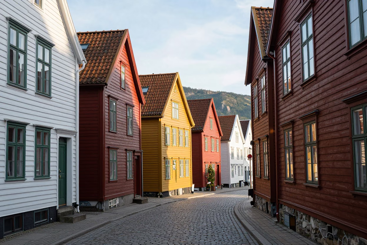 Late Morning Street Scene in Bergen Norway with Colorful Wooden Houses in in Bergen, Norway