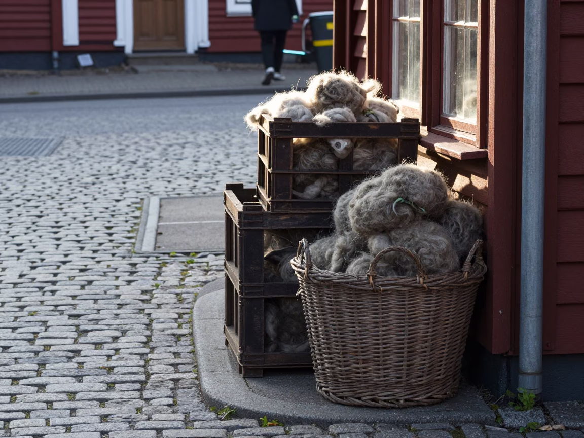 Late Morning Street Scene in Bergen Norway with Crates and Wool Scarves in in Bergen, Norway