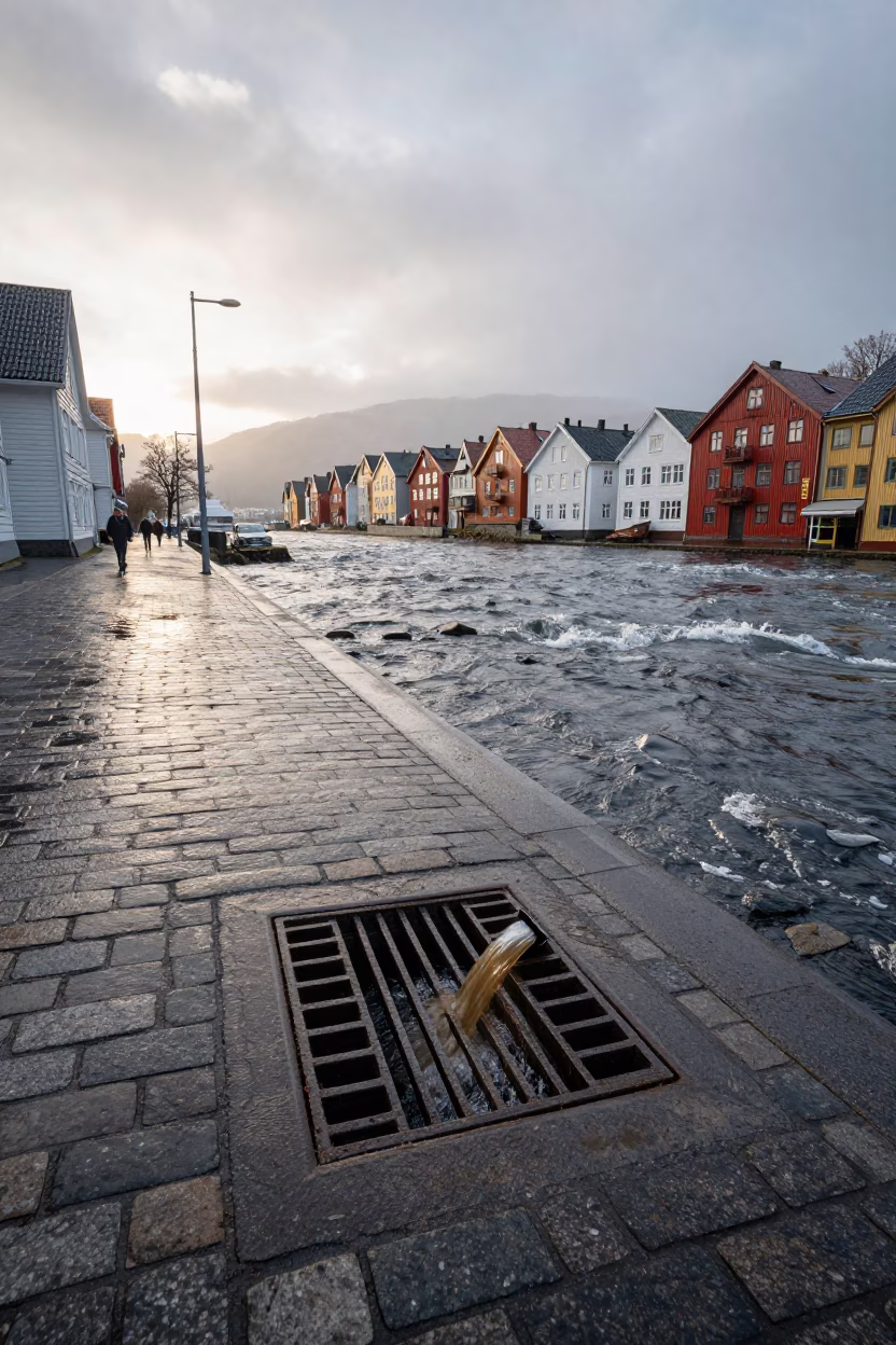 Late Morning Street Scene in Bergen Norway with Storm Drain and River in in Bergen, Norway