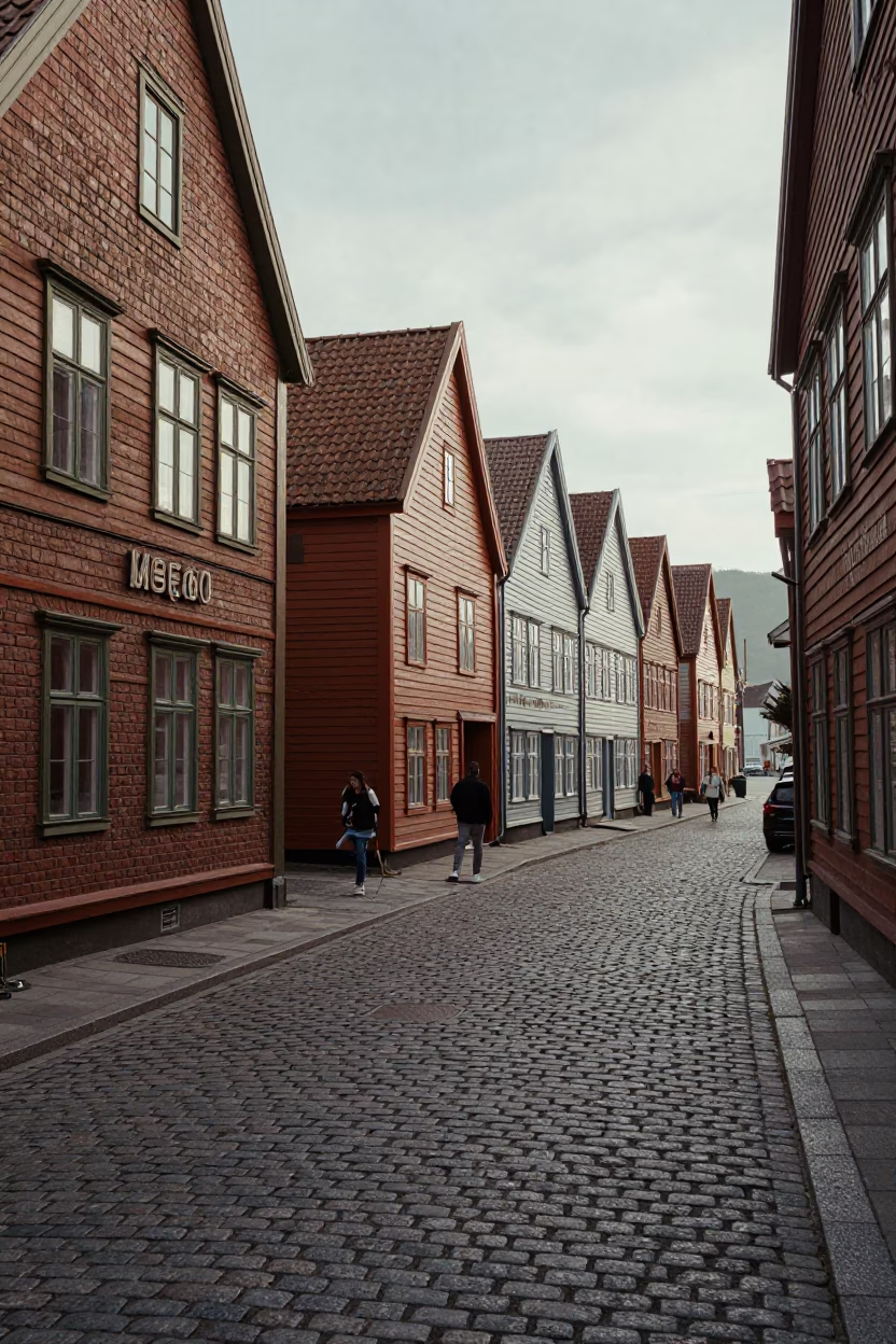 Late Morning Street Scene in Bergen Norway with Vintage 1990s Photography Aesthetic in in Bergen, Norway
