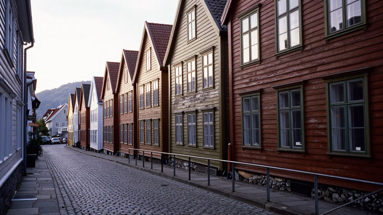 Late Morning Street Scene in Bergen Norway with Wooden Facades and Water Stains in in Bergen, Norway